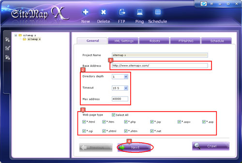 click to enlarge Xml sitemap creator main interface