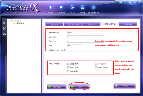 click to enlarge Xml sitemap creator main interface